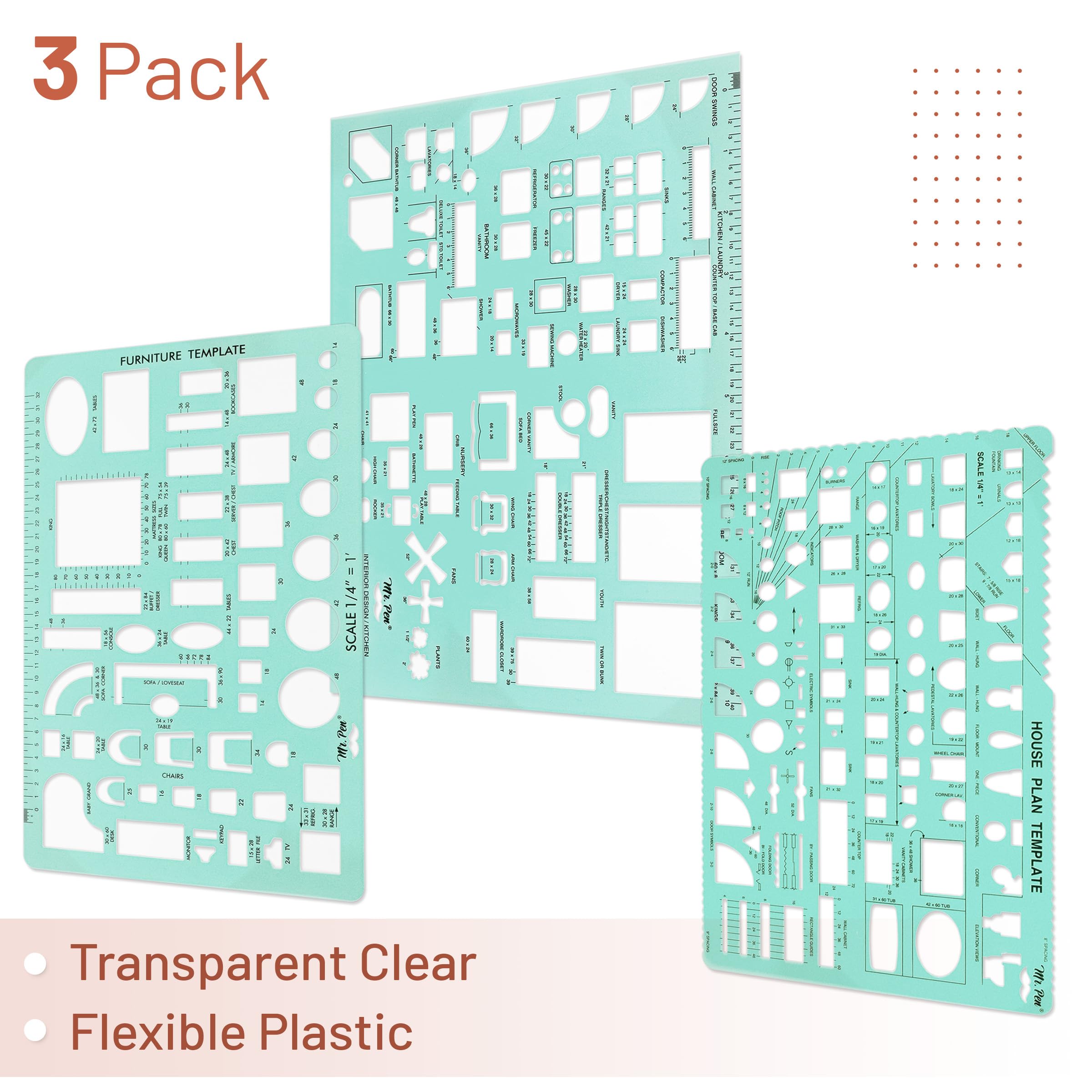 Mr. Pen- House Plan, 3 Pack, Green, Interior Design and Furniture Templates, Drafting Tools and Ruler Shapes for Architecture, Drafting Tools, Architecture Supplies, Drafting Templates