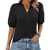 Women Tops Henley V Neck Button Up Shirt Embroidered Short Sleeve Blouses Business Dressy Casual Clothes Summer Outfits