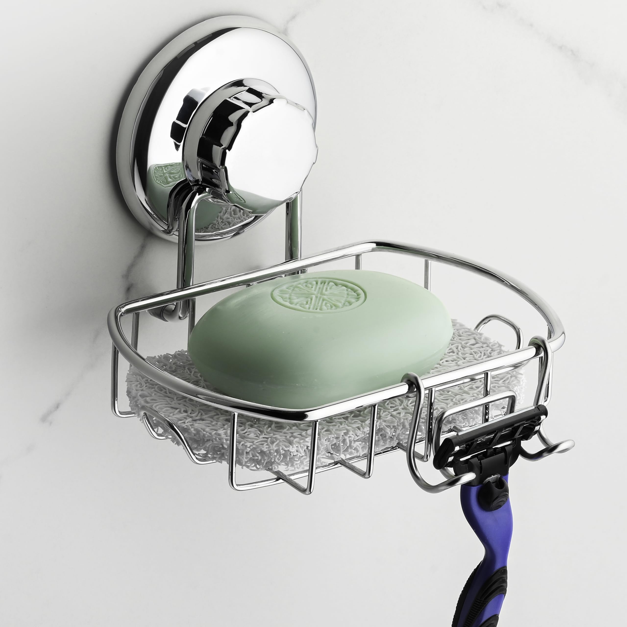 HASKO Suction Cup Soap Dish for Shower Wall, Rustproof Stainless Steel Shower Soap Holder for Bathroom with Hooks and Soap Saver, Includes Optional No Drill Adhesive Mount, Silver