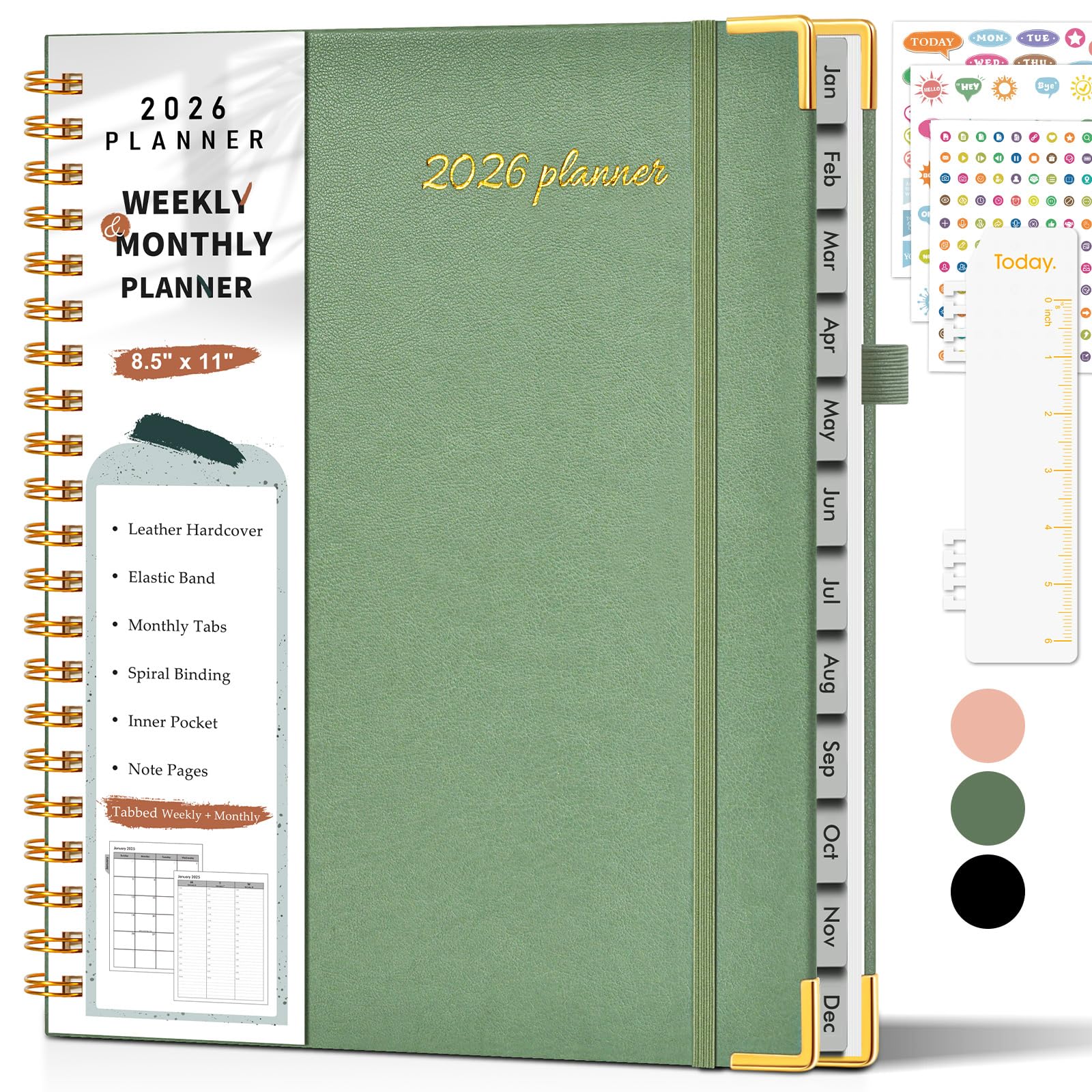 Photo 1 of 2026 Planner, Weekly and Monthly Calendar Planner from January 2026 - December 2026, 8.5" x 11" Hardcover Leather Hourly Appointment Book with Tabs, Spiral Daily Planners for College School Work Home, Green