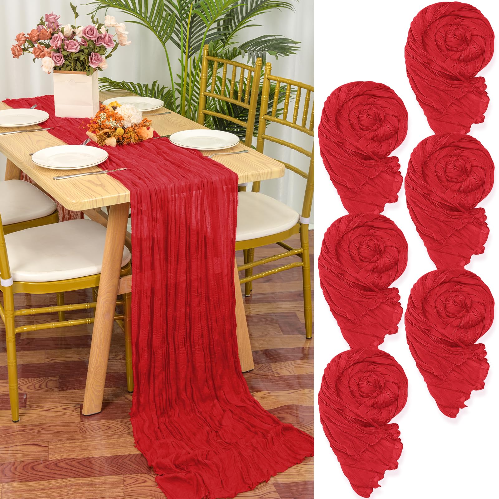 YMHPRIDE 6 Packs Cheesecloth Table Runner Red, 55x300cm Rustic Gauze Fabric Boho Table Runner, Cheesecloth Wedding Table Decor for Wedding Party Bridal Shower Table Decorations — image 1