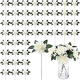 XunYee 50 Pack Artificial Wedding Dahlia Flowers Bulk Silk Dahlias with Stems and Green Leaves Fake Flora Decoration Faux Bouquets for DIY Bridal Shower Wedding Party(White)