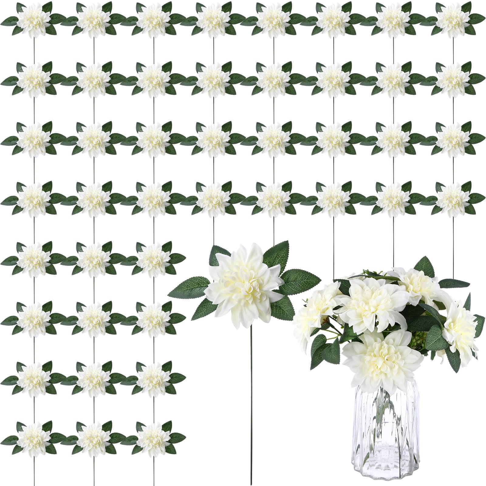 Photo 1 of XunYee 50 Pack Artificial Wedding Dahlia Flowers Bulk Silk Dahlias with Stems and Green Leaves Fake Flora Decoration Faux Bouquets for DIY Bridal Shower Wedding Party(White)