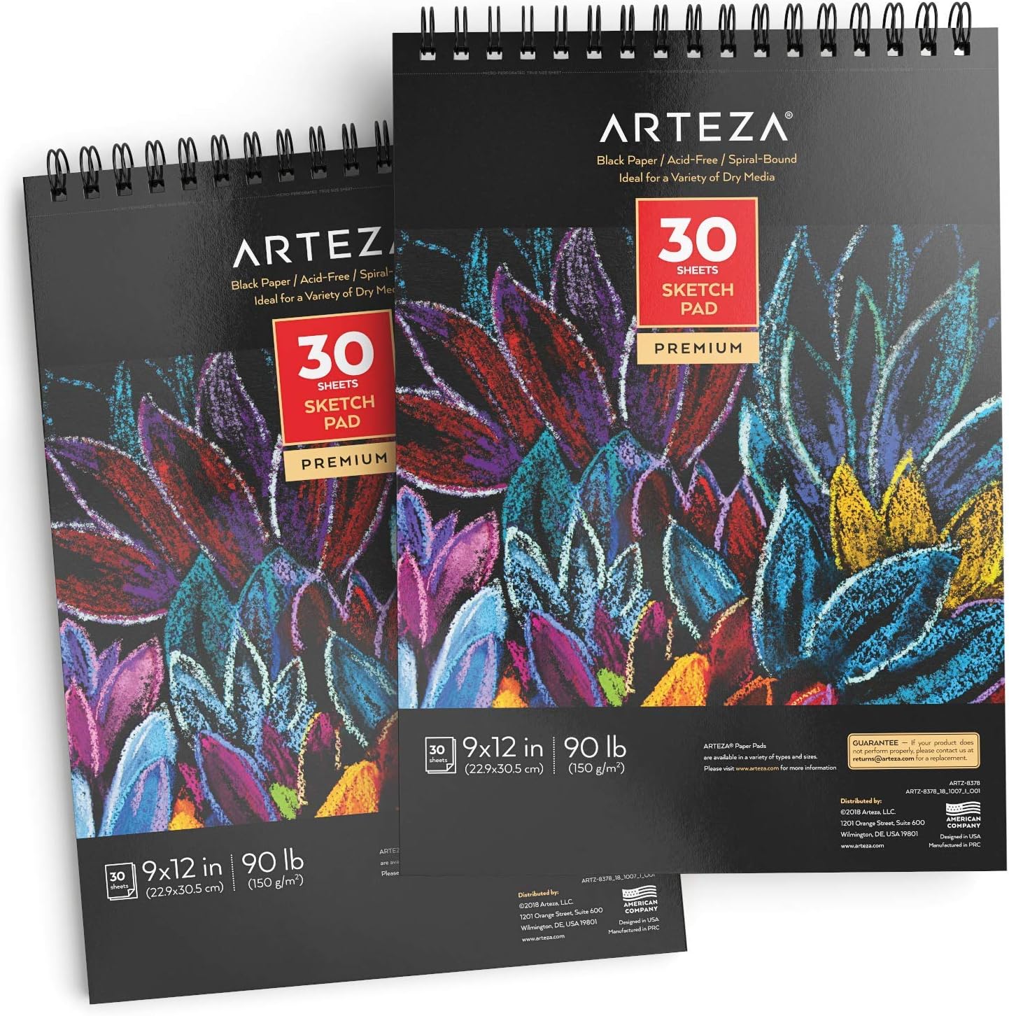 ARTEZA 9X12” Black Sketch Pad, Pack of 2, 60 Sheets (90lb/150gsm), 30 Sheets Each, Spiral-Bound, Heavyweight Paper, Perfect for Graphite & Colored Pencils, Charcoal, Oil Pastels, Gel Pens, Chalk, Ink
