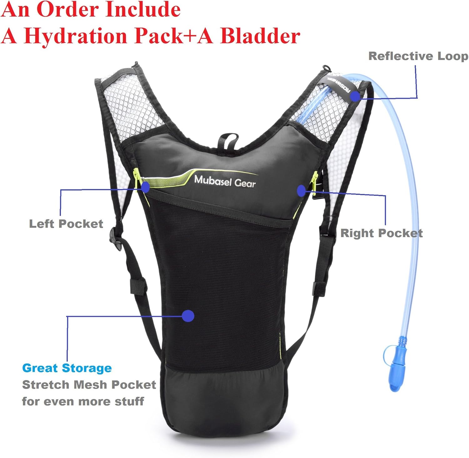 Mubasel Gear Hydration Backpack Pack with 2L BPA Free Bladder - Lightweight Pack Keeps Liquid Cool Up to 4 Hours - Great Storage Compartments - Outdoor Sports Gear for Running Hiking Cycling Skiing : Sports & Outdoors
