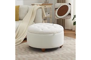 WUTUTUEE 30Inch Round Storage Ottoman with Tray, Modern Tufted Fabric Circle Coffee Table with Storage, Upholstered Ottoman with Removable Top for Living Room, Bedroom, Beige