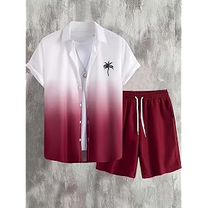 Men's Casual Sport 2-Piece Set, Solid Button Short Sleeve Shirt & Drawstring Shorts For Spring Summer Beach