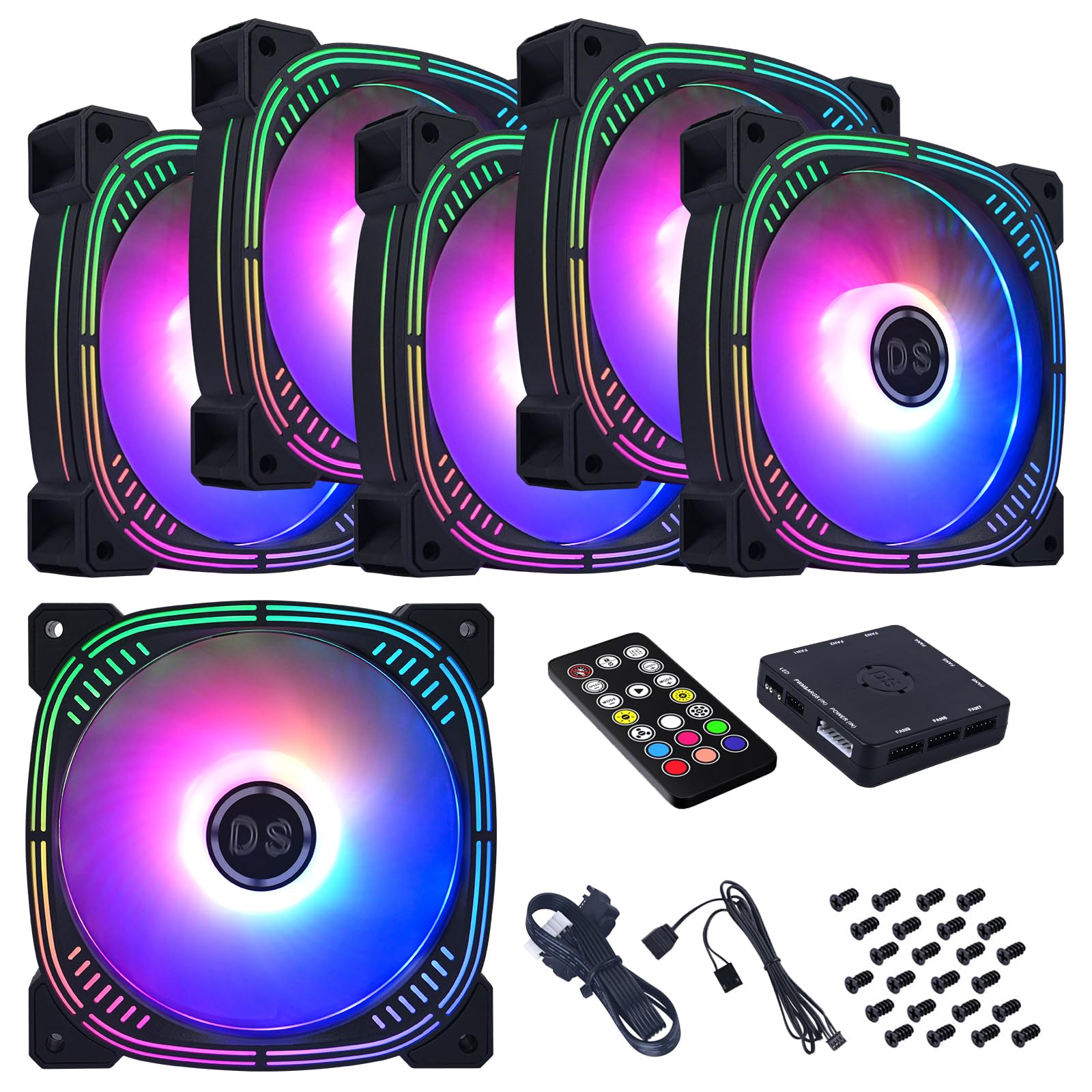 Rainbow LED RGB Fans with Controller for PC Case, CPU Cooler, Radiators System (6pcs RGB Fans, G Series)