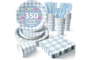 Vyntra Blue Gingham Party Plates and Cutlery Set for 50, 350 Pcs Disposable Paper Plates, Napkins and Cups, 7 Inch Dessert Pl
