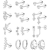 BESTEEL Hypoallergenic Flat Back Earrings Set - 14K Gold Plated Cartilage Earrings for Women Surgical Steel Flatback Stud Hoop Earring Stacks for Helix Tragus Conch Piercing Jewelry (Singles & Pairs)