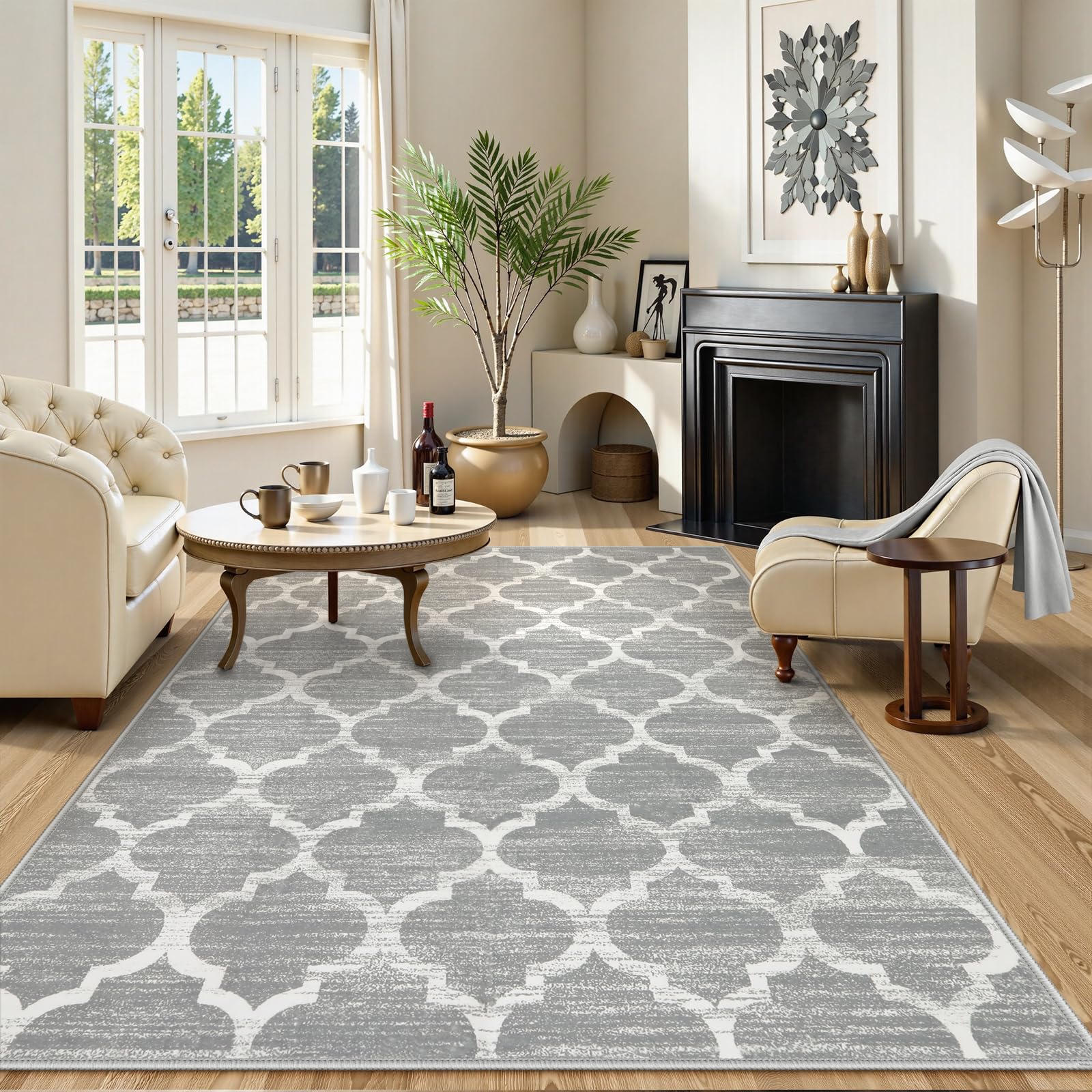 Photo 1 of Lahome Moroccan Machine Washable Rug - 5x7 Area Rugs for Living Room Non-Slip Grey 5x7 Bedroom Rugs Throw Large Modern Trellis Carpet for Entryway Office Kitchen Dining Room Rug Decor (5'x7', Gray)