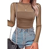 SAUNGKUAI Women's Mesh Long Sleeve Bodysuit Mock Neck Ruched Sheer Thong Body Suits Fall Outfits