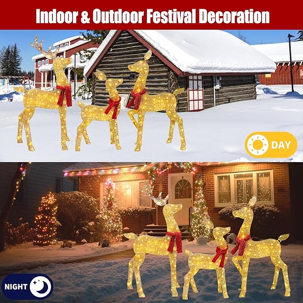 2025 NEW 4FT 2.5D LIGHTED CHRISTMAS DEER FAMILY SET, 48INCH 3-PIECE CHRISTMAS DECORATION OUTDOOR LIGHTED REINEER WITH 145 LED LIGHTS, PLUG FOR HOLIDAY FRONT YARD/PORCH/INDOOR DECOR- GOLD