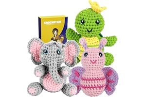 Marribol Crochet Starter Kit for Beginners, Learn with Step-by-Step Video Tutorial, Adults & Kids Gift, Amigurumi Kit Included - Turtle, Elephant, Butterfly (3 Pack)