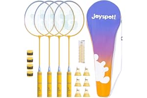 JOY SPOT! Badminton Rackets Set of 4 for Outdoor Backyard Games,Including 4 Rackets, 6 Nylon Shuttlecocks, 4 Replacement Grip Tapes and 1 Carrying Bag, Lightweight Badminton Racquets for Kids Adults Beginners