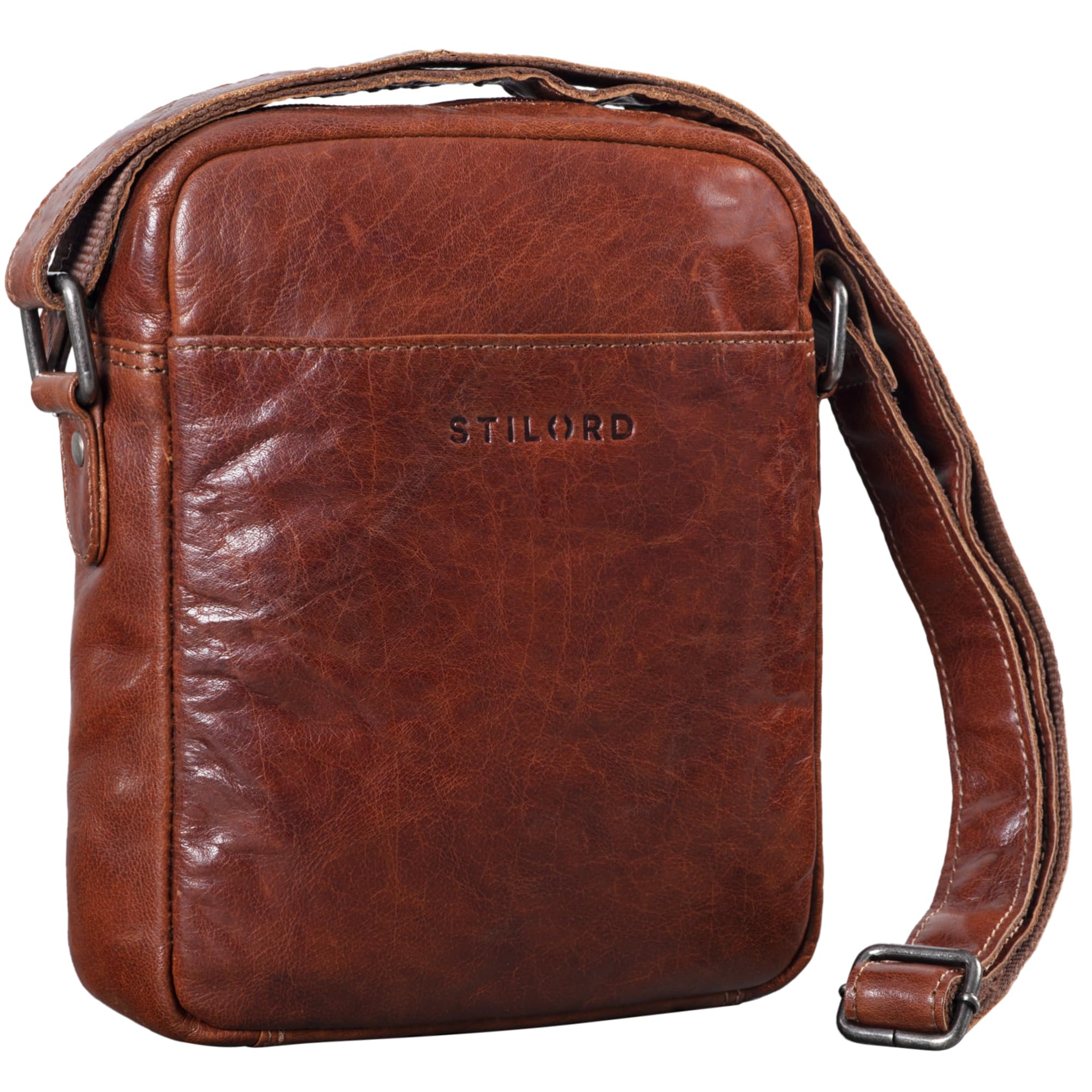 STILORD "Nils" Men's Small Shoulder Bag Leather Vintage Tablet Bag 9.7 Inch Messenger Bag Cross Body Bag Genuine Leather Colour:Brandy - Brown