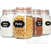 Qianfenie 50 oz Glass Jars with Airtight Lids, Wide Mouth Mason Jars with Clip Top Lids for Kitchen - Square Glass Jars with Chalkboard Labels and Replacement Silicone Gaskets, Set of 4