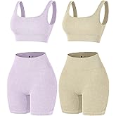 YWBIN 4 Piece Workout Sets for Women Seamless Ribbed High Waist Yoga shorts with Sports Bra Outfits