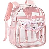 Clear Backpack for School,Heavy Duty PVC Transparent Bookbag for Girls Women Stadium Approved See Through Backpacks Kids Elementary Laptop Bags for Teens,Sports,Students,Work,Travel Pink