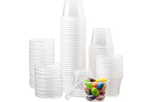 ESKAY PRODUCTS Plastic Portion Cups with Lids, Condiment Cup, Jello Shot, Souffle Portion, Sampling Cup 100 Cups/Lids (Clear, 1oz. 100 Cups/Lids)