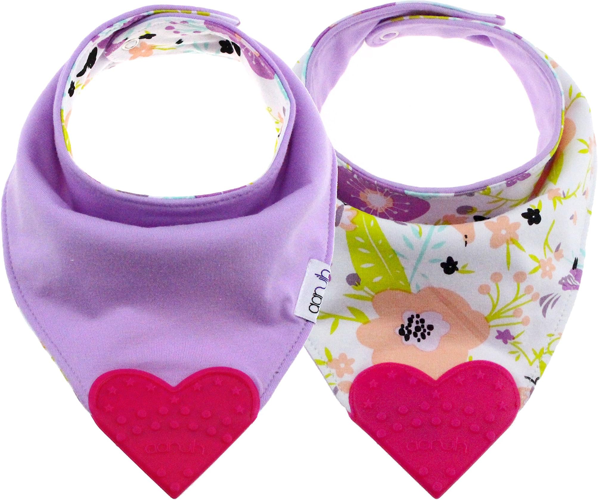 Baby Bandana Reversible Drool Dribble Bib with Silicone Teether for Teething Baby Boys,Baby Girls - Purple/Pink (1 Pack) with WASH BAG+ 1 Reversible Muslin cotton dribble bib