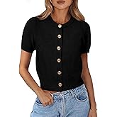 PRETTYGARDEN Womens Casual Summer Short Sleeve Cardigans 2026 Button Down Knitted Sweater Basic Crew Neck Crop Tops