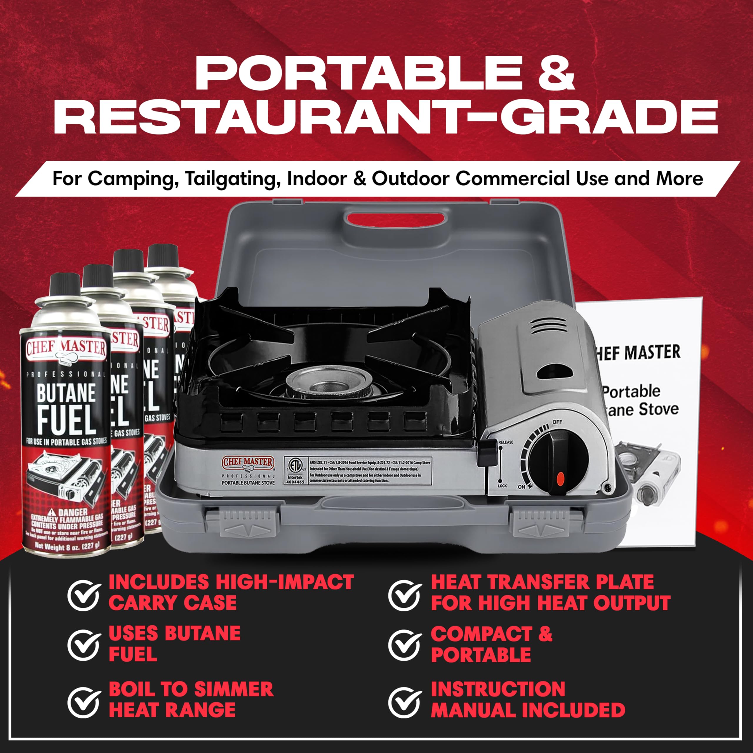 Chef Master 15,000 BTU Butane Portable Camp Stove | Double Wind-Guard Portable Stove Burner w/Piezo Click Ignition for Emergencies, Tailgating, Hiking, Backpacking & Camping Essentials - 90019