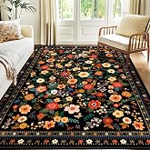 meejou Washable Floral Area Rug for Living Room 5x7 Black | Non-Slip，Vacuum-Friendly, Low Pile, Flower Carpet for Bedroom Kitchen Entryway Dining Room Office Nursery