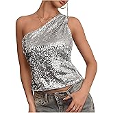 SOLY HUX Women's Sparkly One Shoulder Top Y2k Shiny Sequin Tanks Concert Rave Crop Tops