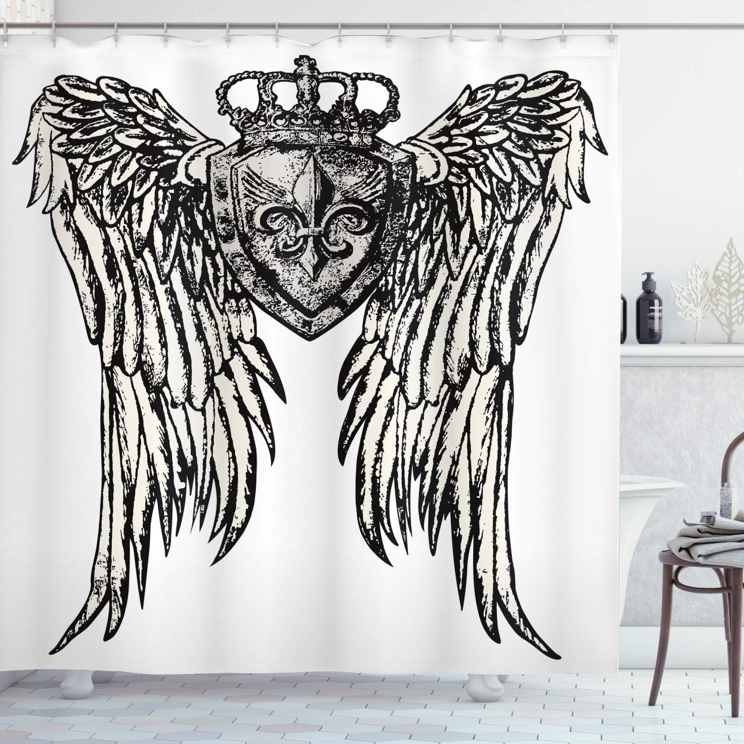 ngquzhe Fleur De Lis Shower Curtain, Tribal Tattoo Design with Wings Historic Crest Crown and Eagle, Bathroom Decor Set,72 X 72 Inches