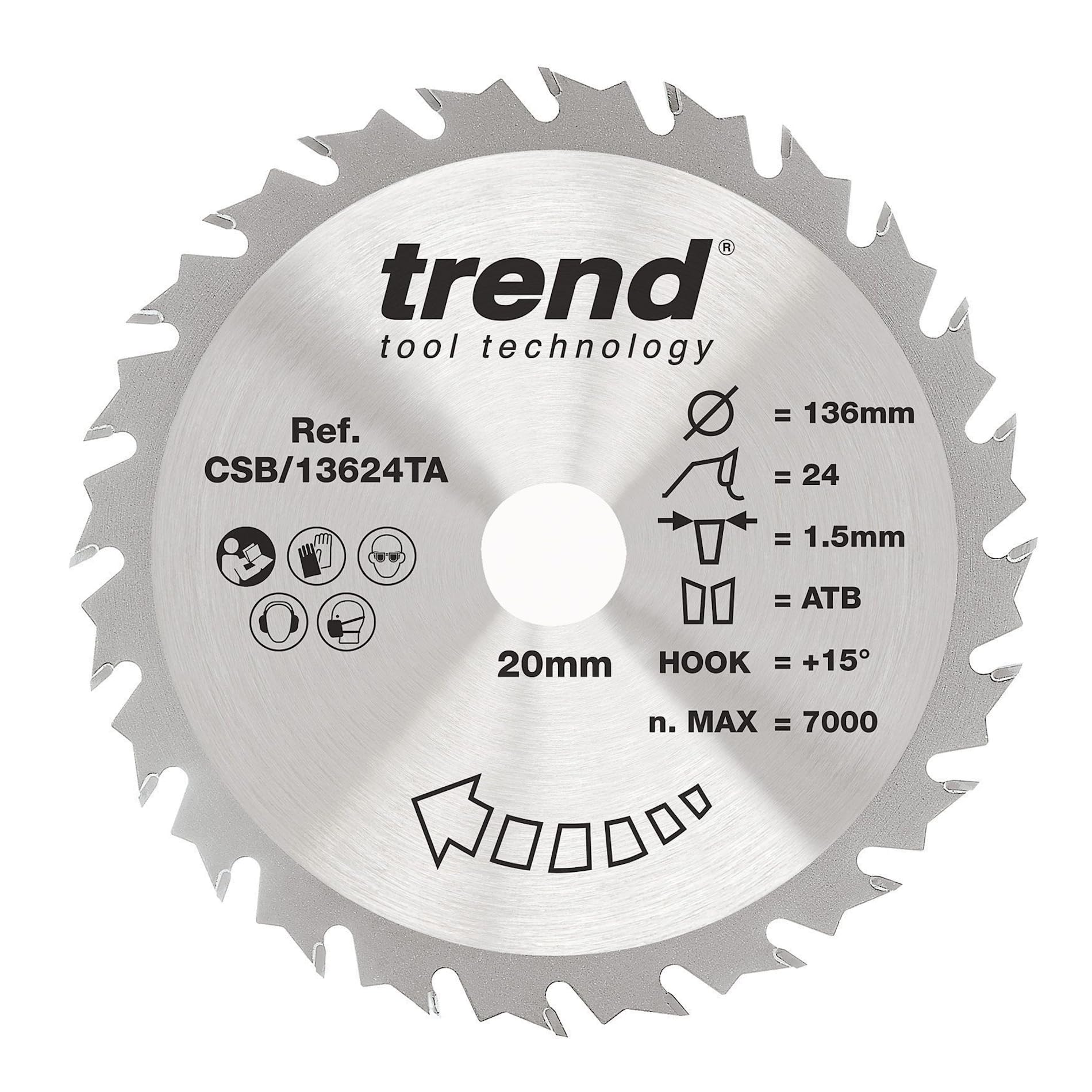 Trend Wood Cordless Circular Saw Blade, 136mm Diameter, 20mm Bore, 24 Teeth, 1.5mm Kerf, +15° Hook, TCT, Medium Finish, CSB/13624TA