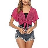 iClosam Women Tie Front Chiffon Shrug Short Sleeve Cropped Sheer Bolero Shrug Cardigan