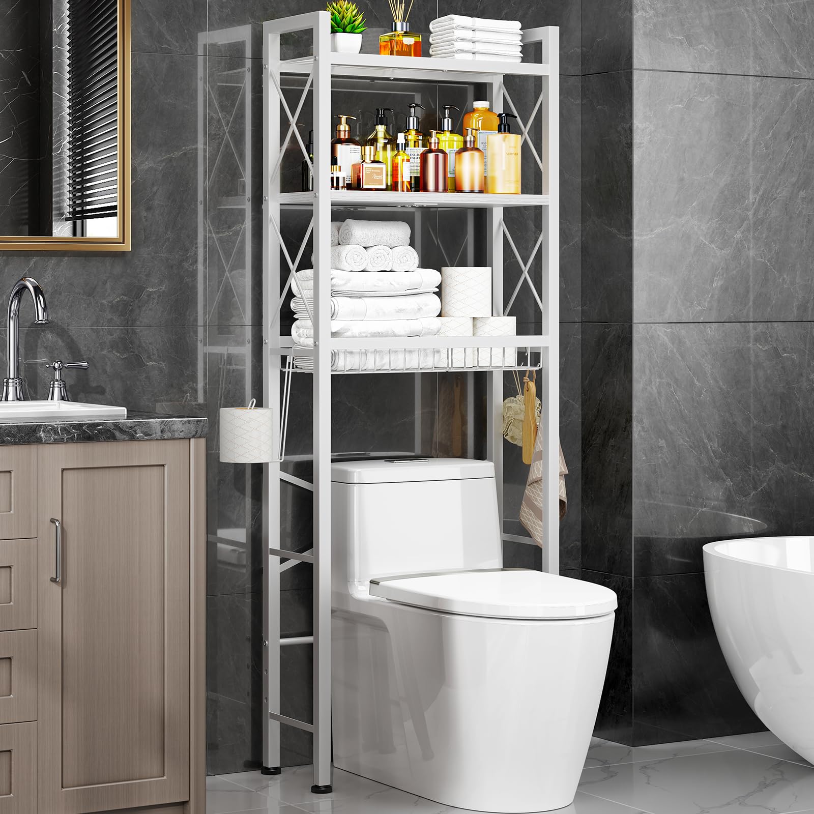 Photo 1 of Kalrin Over The Toilet Storage with X Shape Side Guardrail, 3-Tier Over Toilet Storage Rack with Drain Basket, Freestanding Bathroom Organizer for Balcony Laundry, Pure White