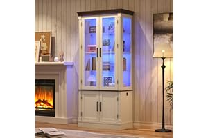 St.Mandyu 71" Tall Display Cabinet with Glass Doors, 4-Tier Lighted Curio Cabinets with 2 Storage Doors and Metal Handle for Living Room, Home, Kitchen, White