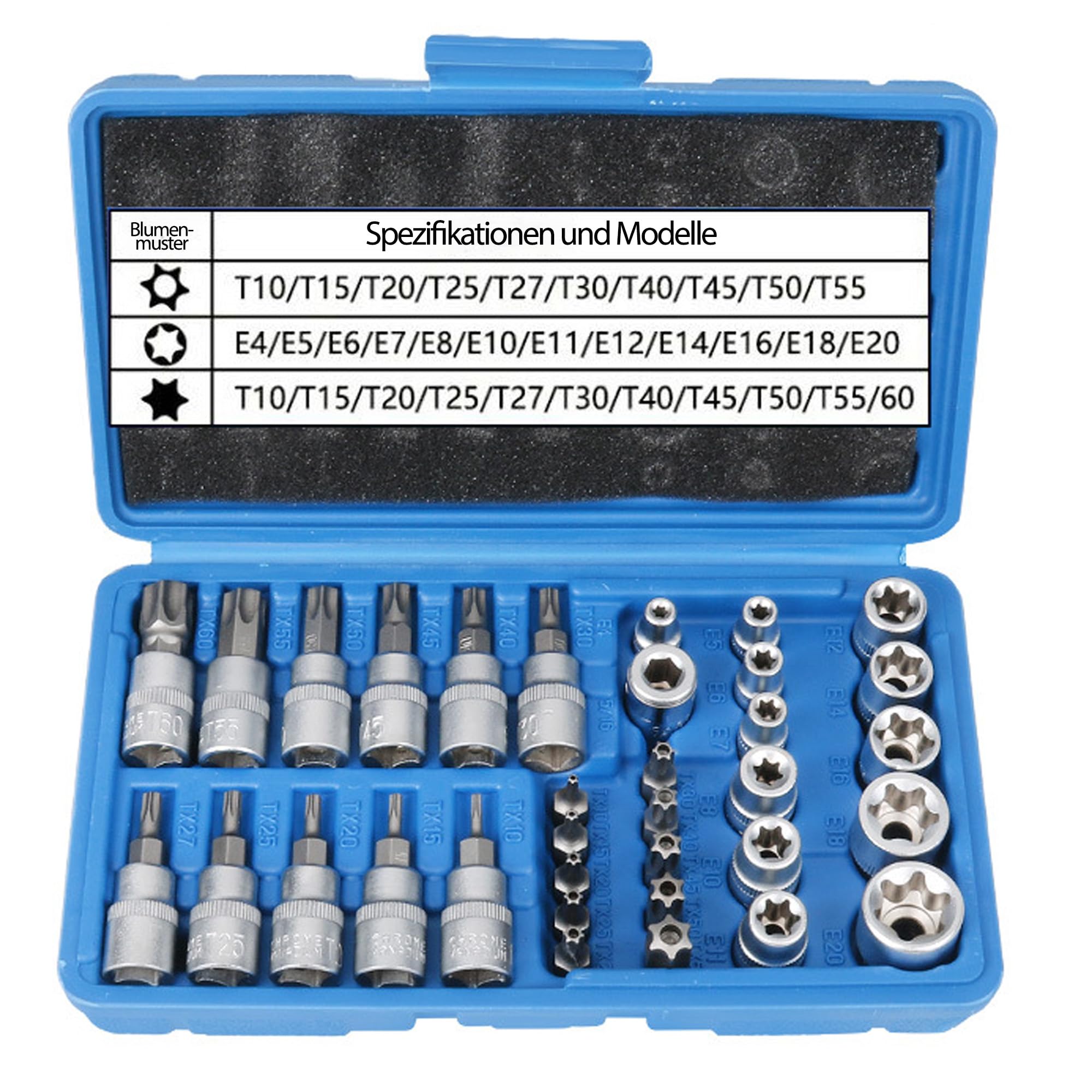 Torx Socket Spanner and Bit Set Hexagon: 34-Piece Inner Outer Torx Socket Spanner, Torx Bits T8 - T60 and E-Torx Sockets E4-E22