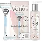 Venus for Pubic Hair and Skin Shaving Set, Women’s Razor, 1 Handle + 2 Blade Refills + 2-in-1 Cleanser
