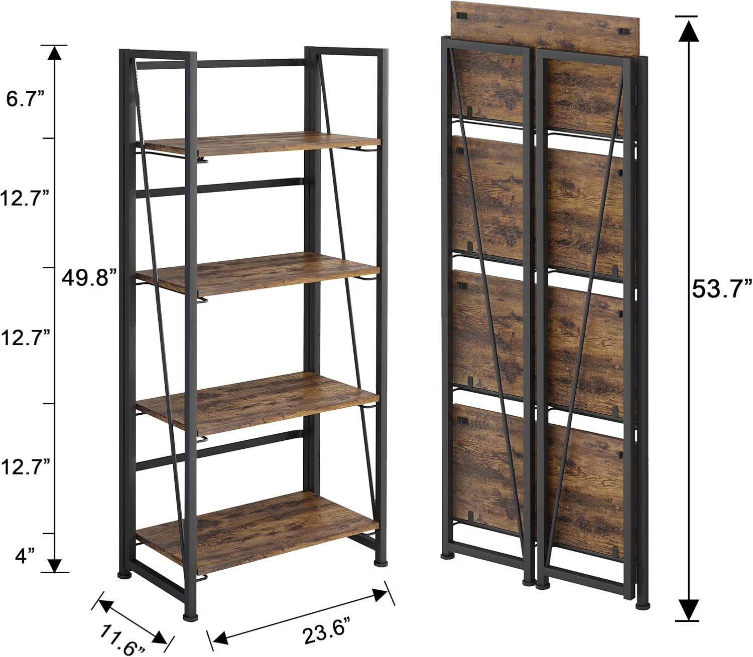 GHQME No-Assembly Folding Bookshelf Storage Shelves 4 Tiers Vintage Multifunctional Plant Flower Stand Storage Rack Shelves Bookcase for Home Office (Fire Board): Kitchen & Dining