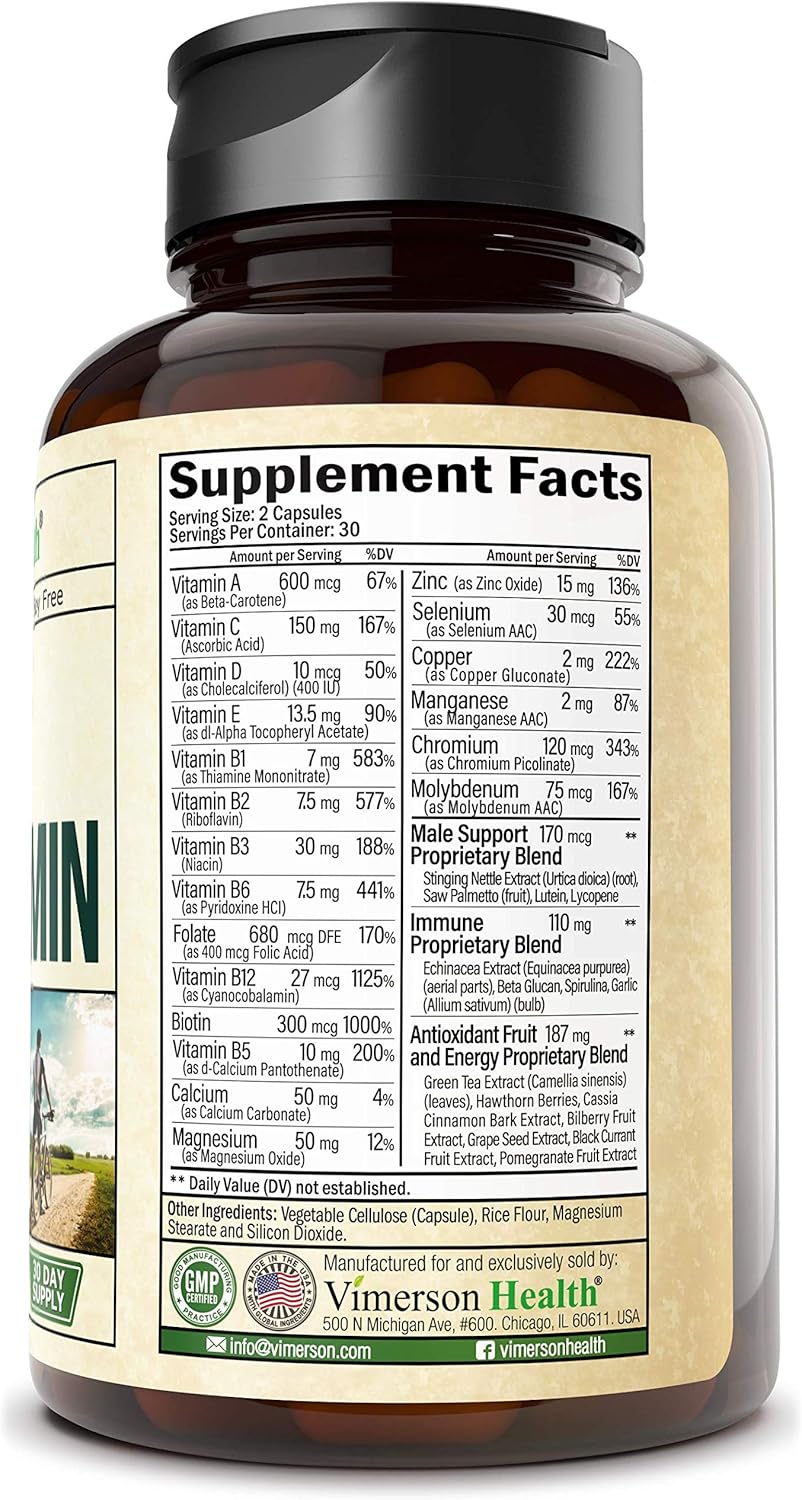 Men's Daily Multimineral Multivitamin Supplement. Vitamins A C E D B1 B2 B3 B5 B6 B12. Magnesium, Biotin, Spirulina, Zinc. Antioxidant Properties, Immune Health. 60 Capsules: Health & Personal Care