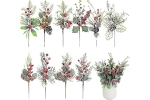 Ovveroche 10 Pcs Christmas Pine Branches Cones Picks Artificial Berry Stems Faux Christmas Greenery Spray Floral Picks Snowy Holly Pine Needles for Xmas Tree DIY Wreath Floral Party Decor, Red