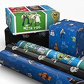 Hallmark Star Wars Wrapping Paper Mini Rolls, 3-Pack, 45 Sq. Ft. | Mini rolls are perfect for easy storage, 45 sq. ft. total; great for May the 4th, graduation, Father's Day