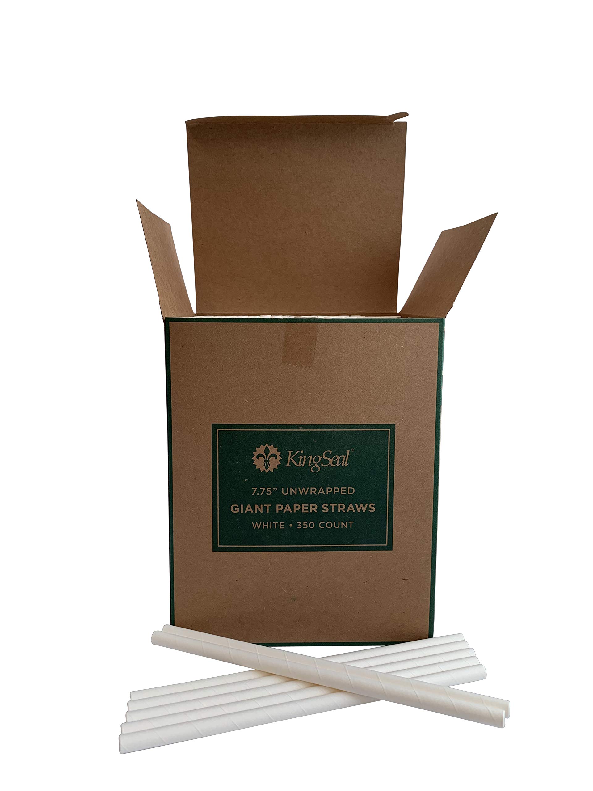 Photo 1 of 350 Count | Kingseal Disposable Paper Drinking Straws, Unwrapped, WHITE, 7.75 Inch Length x 8mm Diameter, "Giant" Size, White, Biodegradable, Earth Friendly, Bulk Pack - 1 Box of 350 Straws
