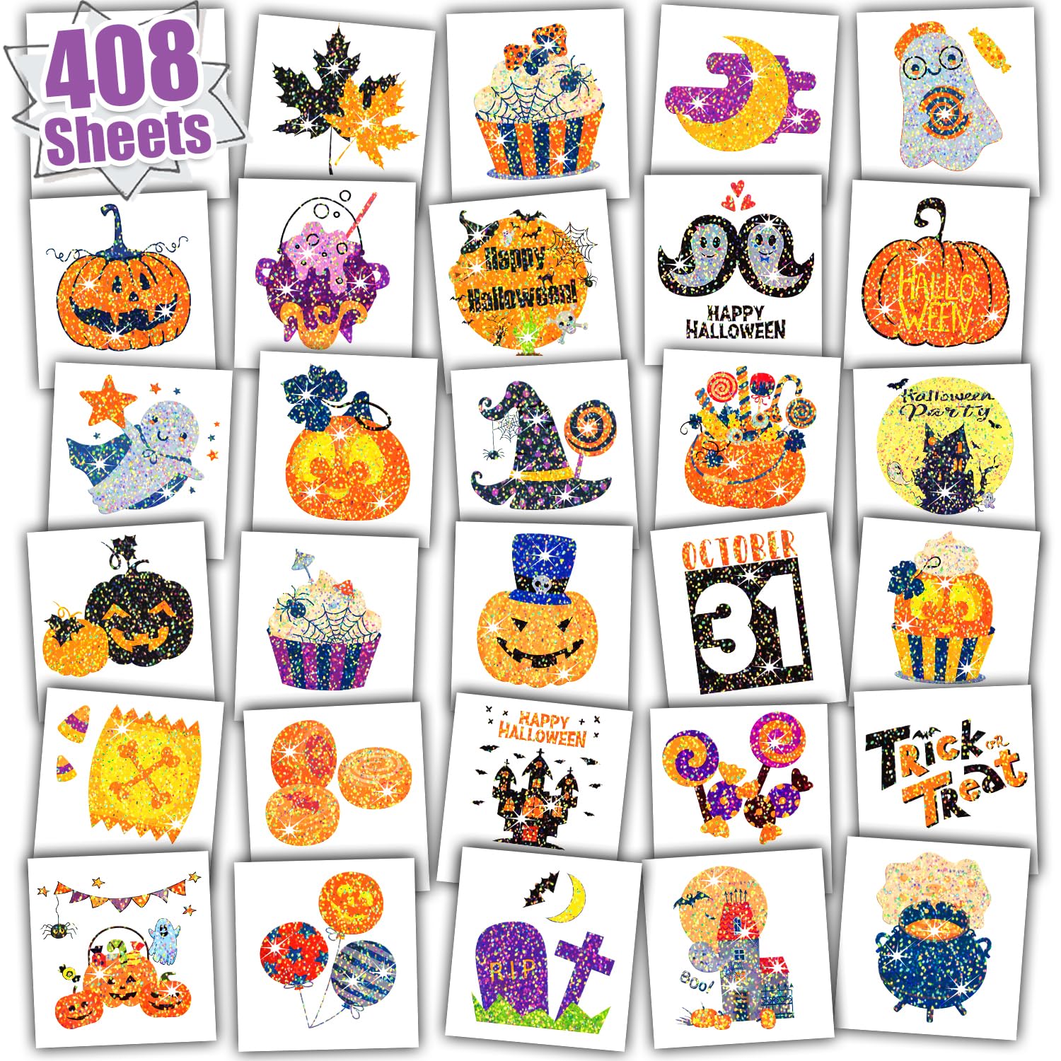 Leesgel Halloween Glitter Tattoos for Kids, 408 Individual Sheets Temporary Tattoo Stickers for Halloween Costumes Decorations Make Up Toys Treats Activities Party Bag Fillers