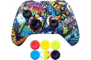 9CDeer 1 Piece of SiliconeTransfer Print Protective Cover Skin + 6 Thumb Grips for Xbox One/S/X Controller Graffito Blue