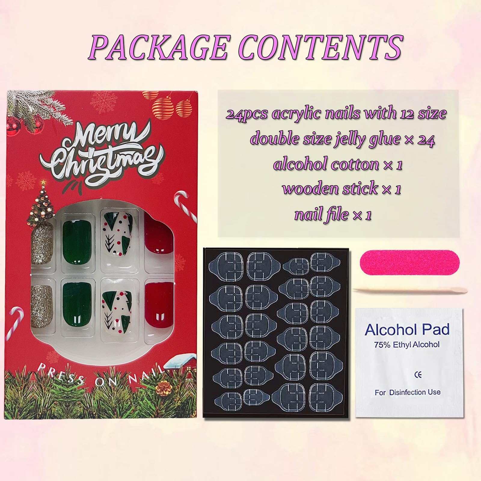 Short Square Christmas Press on Nails Christmas Tree Colored Ball Glue on Nails with Glitters Glossy Finish Green & Red Christmas Acrylic False Nails Cute Stick on Nails for Women Nail Art Decoration - Image 6