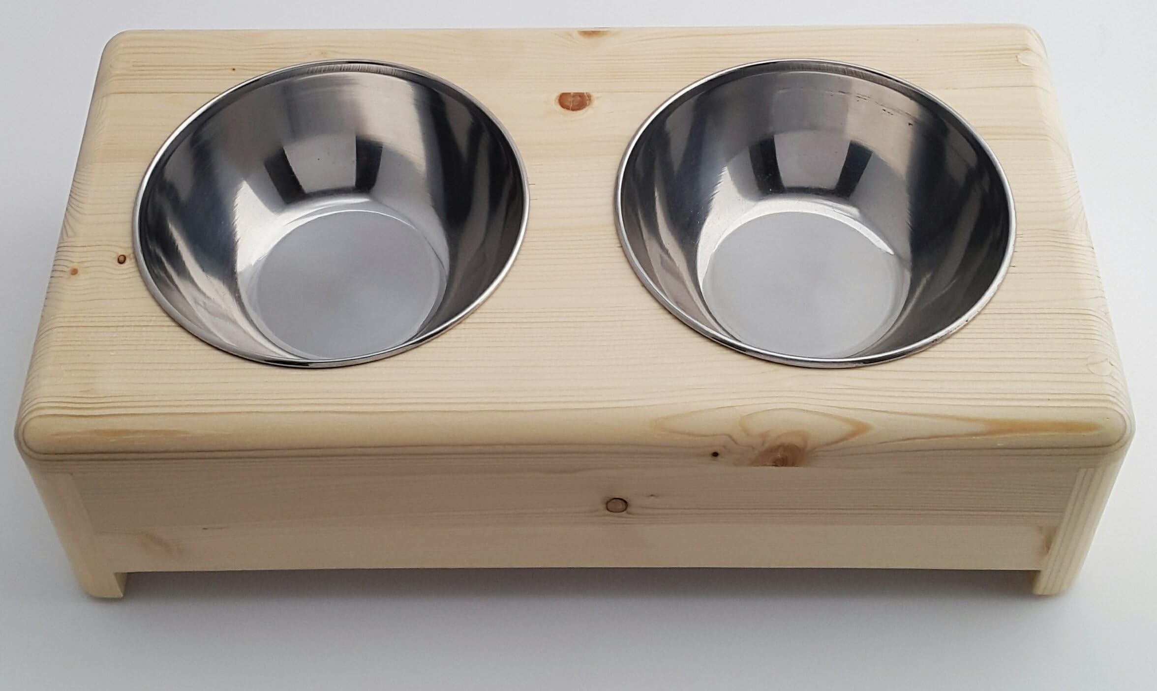 Hand Made Premium Raised Pet Feeder, Pure Pine Dining Table and Double StainlessSteel Bowls for Small Dog and Cat , Elevated Pet Feeder
