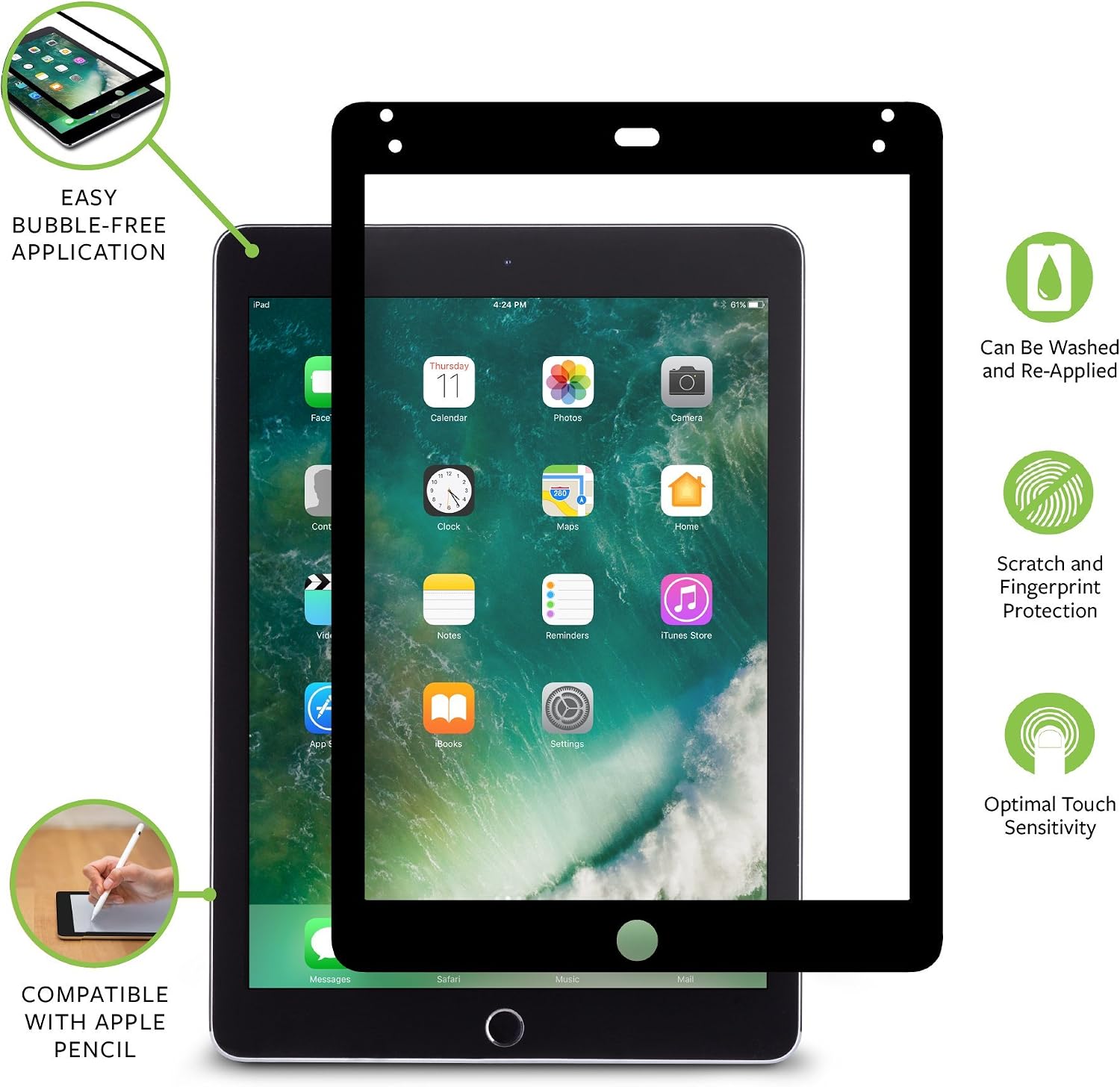 Moshi iVisor AG Screen Protector for iPad 9.7 2018/2017, Washable & Reusable, Reduce Fingerprints & Smudging, Compatible with iPad Pencil, Black (Clear/Matte) - Image 3