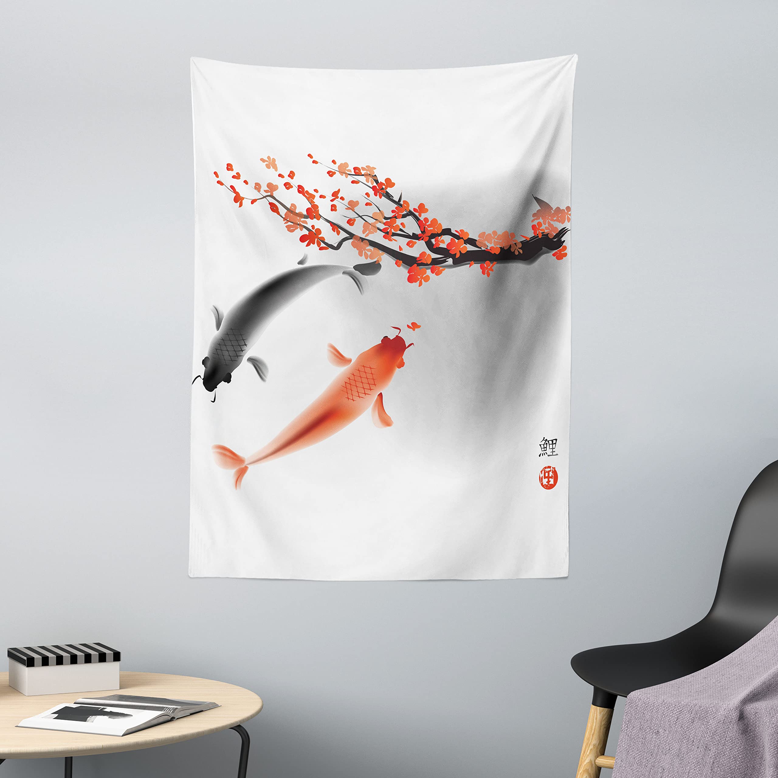 ABAKUHAUS Japanese Tapestry, Koi Carp Fish Couple Swimming Cherry Blossom Sakura Branch Culture Design, Fabric Wall Hanging Decor for Bedroom Living Room Dorm, 43 W X 58 L, Orange Grey