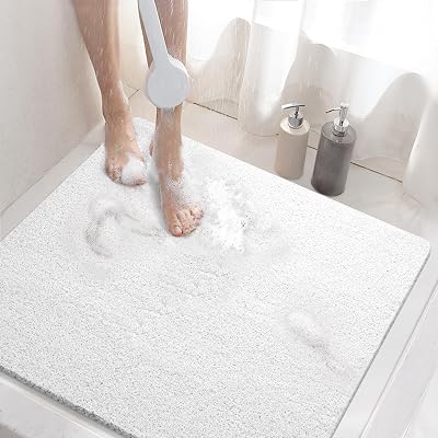 HITSLAM Shower Mat Non Slip 60 x 60 cm PVC Loofah Drain Quick Dry White