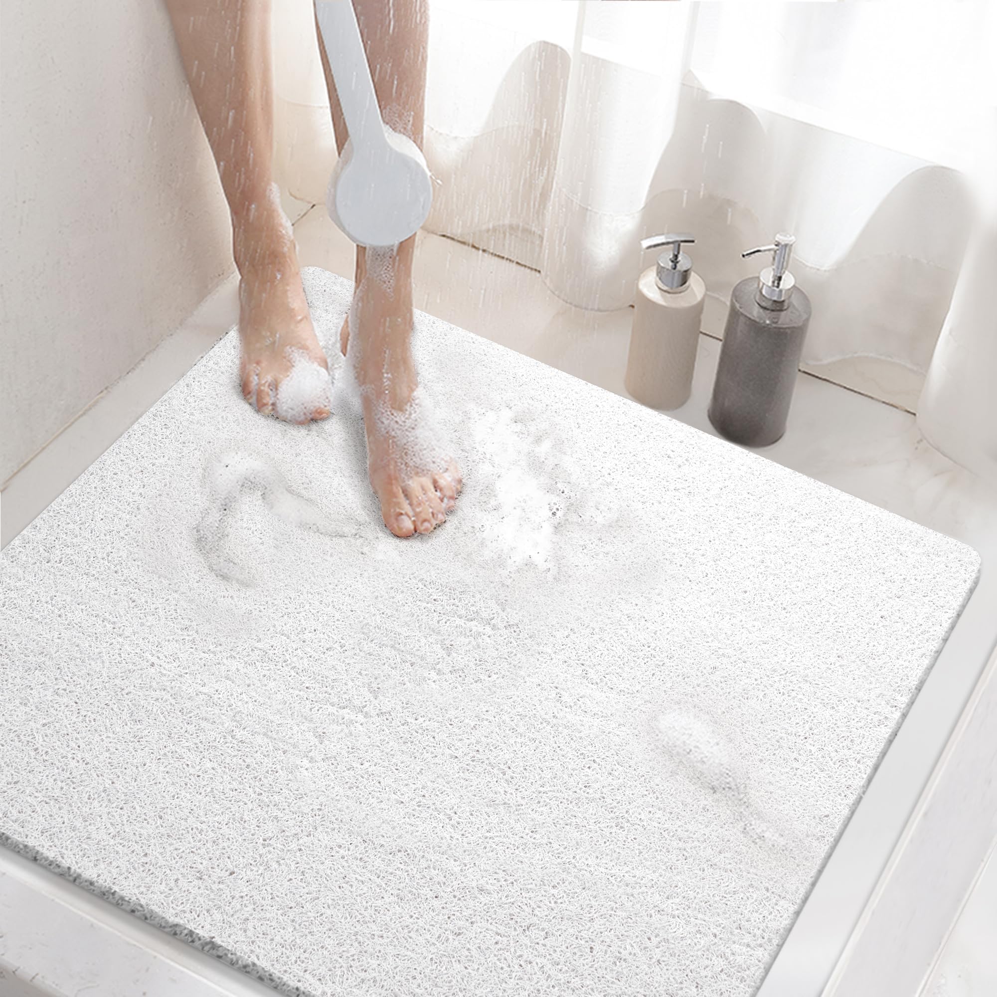 HITSLAM Shower mat Non Slip, 60 x 60 CM Non Slip Bath Mat with Drain, Soft PVC Loofah Shower Bath Mat for Tub, Quick Drying Shower Mat for Bathroom, White