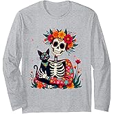 Skeleton and Cat Sugar Skull Dia De Los Muertos Day of Dead Long Sleeve T-Shirt